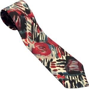 Cellini‎ Collection Men's Silk Tie Abstract Floral Red Blue Black White Neckwear
